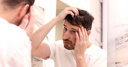 Mann mit fettigen Haaren untersucht vor dem Spiegel seinen Haarausfall